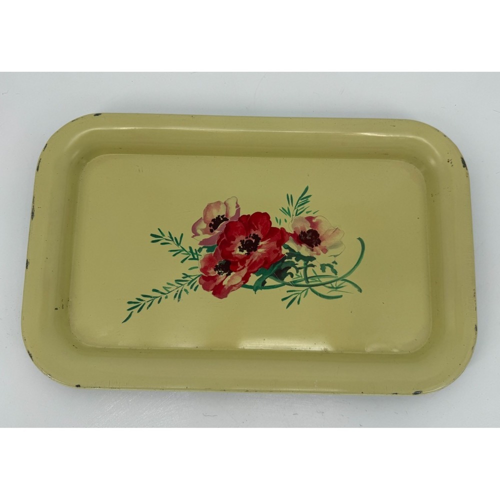 Vintage Yellow Metal Serving Tray Floral Print 9x14 Cottagecore